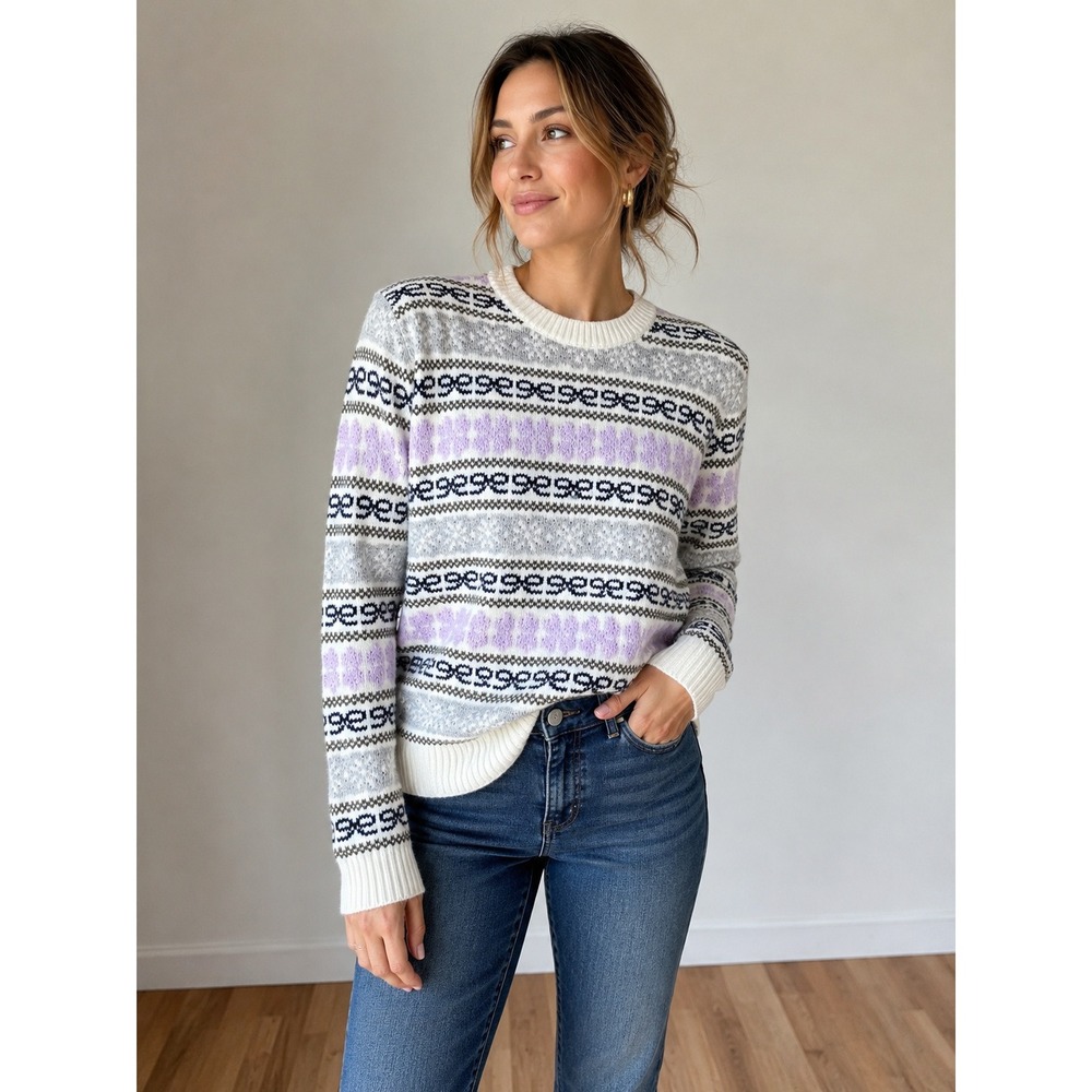Ann Taylor Weekend Gray Lavender Fair Isle Knit Sweater M Nordic Preppy Cottage